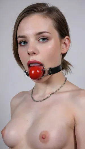 detailed 8k Portrait of a 18 year old woman with a ball-gag, topless, bareskin, pale skin, flashy makeups, glossy lips, photo studio, white background, cute, BDSM restraints, fullbody, high quality, beautiful, natural, photo, RAW photo, natural lighting, SSS, subsurface scattering, high resolution, hires, sharp focus, <lora:ballgag:.5>