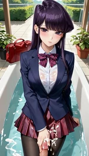 ((komi shouko)), 1girl, black pantyhose, blazer, blue jacket, blush, bow, bowtie, breasts, closed mouth, collared shirt, bag, cowboy shot, diagonal-striped skirt, expressionless, outdoors, highres, jacket, (komi-san wa komyushou desu), long hair, looking at viewer, medium breasts, pantyhose, pleated skirt, purple eyes, purple hair, red bow, red bowtie, red skirt, school uniform, shirt, skirt, solo, striped, striped bow, striped bowtie, striped skirt, swept bangs, white shirt, chibi, (liquid cum), (cum on breast), (breast out), (pov thigh job:1.4), bathtub, cumbath, komi, shousuke, purple, hair, eyes, short, between, bangs, pale, skin, <lora:komi_shousuke_sdxl_lora:.5>