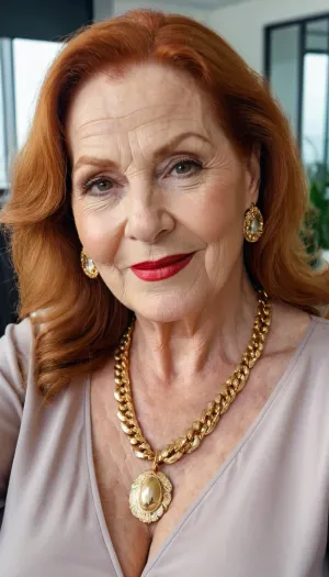 old granny mature, 76 years old granny, redhead, long hair, glamour, very chubby, beautiful big black eyes, gold necklace, huge earrings, at the office, sweaty body, very tall, looking at the camera, selfie picture, face focus, red lips, granny, horny smile, cute face