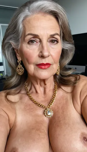 old granny mature, 70 years old granny, brunette, long hair, glamour, very chubby, beautiful big black eyes, gold necklace, huge earrings, at the office, sweaty body, very tall, looking at the camera, selfie picture, face and boobs focus, red lips, granny, horny sexy face, tiny saggy boobs, super fancy glamour, make up, very small saggy boobs, sexy small boobs, big nose, long nipples, big aureolas, most sexy brunette mature granny, face wide and long, big face, big lips