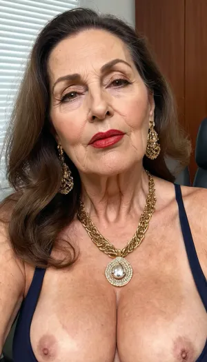 old granny mature, 70 years old granny, brunette, long hair, glamour, very chubby, beautiful big black eyes, gold necklace, huge earrings, at the office, sweaty body, very tall, looking at the camera, selfie picture, face and boobs focus, red lips, granny, tiny saggy boobs, super fancy glamour, make up, very small saggy boobs, sexy small boobs, big nose, long nipples, big aureolas, most sexy brunette mature granny, face wide and long, big face, big lips, big mouth, orgasm face, open mouth orgasm, screaming orgasm face