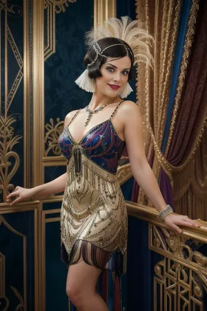 (4K UHD ultra-detailed RAW photo), finely detail, highres, (photorealistic:1.4), pixie haircut with shaved temples, A full body shot, portrayal of a stylish 1920s Southern French woman in negligee, with an expressive and beautiful smile, against a complex Art Deco patterned background, exuding The Great Gatsby's luxury. Created Using, symbiotic transform, vibrant colors, glossy textures, theatrical lighting, strong contrasts, dynamic composition, opulent accessories, ornate background details, flamboyant flair, X jazz age luxury, hd quality, natural look, flapper, dress, <lora:Flapper_Dresses:.5>