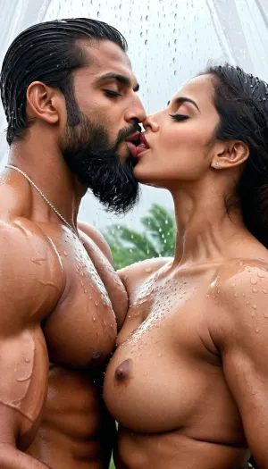 (Hetero Couple, very ruggedly handsome and muscular Muslim bodybuilder named 'Afzal Khan' seductively kissing his beautiful girlfriend in the secluded tent at midnight, Wet open mouth kiss involving tongue and exchanging saliva), (Girl wears sheer Saree is enjoying the wet kisses), (Handsome and Hot Muslim hunk with very long beard is passionately kissing a girl), dark and rough Muslim men, 40 year old, Muslim, tall muscled Arab Indian dominant Muslim daddy having hairy armpits and Chest, perfect fingers, oily Sweaty body, small black grey hair slicked back, dilf, Big seductive eyes, Wet body, (rain drops), ultra sharp high definition details, pubic hair, professional photography, sharp focus, 4k high definition, insanely detailed, RAW photo, HDR, hyper-realistic, photo realism, (Married Muslim Hunk sucking the lips of a girl passionately with his experienced Mouth), (Huge bearded Muslim Hunk tightly embracing a gorgeous girl and making passionate love)
