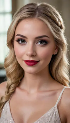 beautiful 20 year old women with blonde hair, dark brown eyes, smiling brightly, round face, eye contact, makeup, (winged eye liner:1.3), blush, shiny foundation, shiny dark red lip gloss, long hair in elegant cascade with braid, breasts out, <lora:princess_xl_v2:.1>