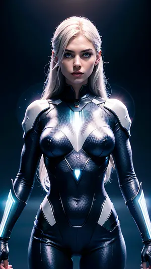 Here’s the description in English, **Appearance**, An androgynous figure with short, silvery-white hair that reflects a soft glow, violet-colored eyes radiating intelligence and calm, and smooth, pale skin. The face features symmetrical and delicate traits, blending masculine and feminine qualities seamlessly. Subtle geometric tattoos accentuate the forearms, hinting at a futuristic design. **Setting**, A serene, futuristic environment with soft blue lighting, sleek metallic structures, and holographic projections floating in the background. **Style**, A mix of realistic digital art with a touch of sci-fi fantasy, emphasizing elegance and technology.