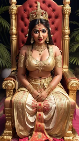 22 years sweet Indian queen wearing traditional dress, sitting on the throne of big black dicks, (dicks), (coak), (penis), cum leaking from her pussy, nude girl, empress