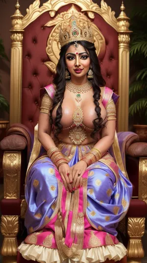 22 years sweet Indian queen wearing traditional dress, sitting on the throne of big black dicks, (dicks), (coak), (penis), cum leaking from her pussy, nude girl, empress