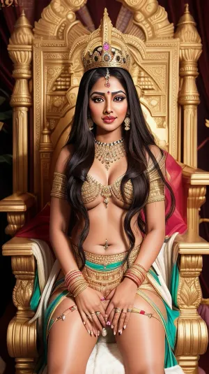 22 years sweet Indian queen wearing g string, sitting on the throne of big black dicks, (dicks), (coak), (penis), cum leaking from her pussy, nude girl, empress