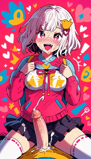 masterpiece, best quality, cute doodle, 1girl, ground vehicle, backpack, heart, shoes, fang, bird, white hair, hair ornament, open mouth, solo, bag, long sleeves, pink eyes, smile, motor vehicle, skirt, red background, riding, jacket, socks, medium hair, short hair, bangs, sneakers, blush, (pov single foot job, penis cum:1.4), (cum on face, breast out style:1.6), <lora:cutedoodle_XL-000012:1.5>