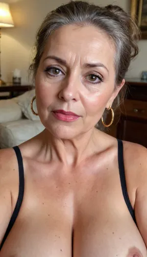 old granny mature, 65 years old granny, dark brown hair, ponytail, glamour, very chubby, hazel eyes, beautiful big big eyes, gold hoop earrings, in her living room, sweaty body, short, looking at the camera, selfie, face and boobs focus, lipstick, plump lips, granny, horny sexy face, tiny saggy boobs, super fancy glamour, no make up, very small saggy boobs, sexy small boobs, big nose, long nipples, huge aureolas, most sexy mature granny