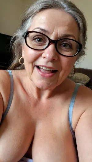 View from below, old granny mature, 65 years old granny, brunette, long hair, ponytail, very chubby, beautiful big eyes, hoop earrings, in her living room, sweaty body, short, looking at the camera, black glasses, selfie picture, face and boobs focus, (open mouth), smile, plump lips, granny, horny sexy face, tiny saggy boobs, no make up, very small saggy boobs, sexy small boobs, big nose, long nipples, big aureolas, most sexy brunette mature granny