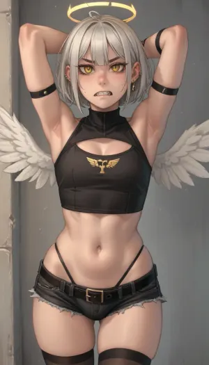 angel, (kelvin hiu), looking at viewer, solo, male focus, bare shoulders, sweatdrop, thighhighs, 1boy, black thighhighs, teeth, underwear, wings, fingernails, shirt, panties, androgynous, trap, yellow eyes, navel, ange, midriff, shorts, sleeveless, mole, mole under eye, plump, skindentation, belt, embarrassed, sidelocks, frown, white hair, curvy, wide hips, crop top, sleeveless shirt, arms up, sharp teeth, micro shorts, clenched teeth, tsurime, revealing clothes, black shirt, dark skin, black belt, mini wings, dark-skinned male, crossdressing, halo, stomach, thong, cleavage cutout, clothing cutout, highleg, piercing, bulge, v-shaped eyebrows, cigarette, arm strap, white wings, highleg panties, mars symbol, ear piercing, black shorts, disgust, bouncing ass, angel boy, wrist belt