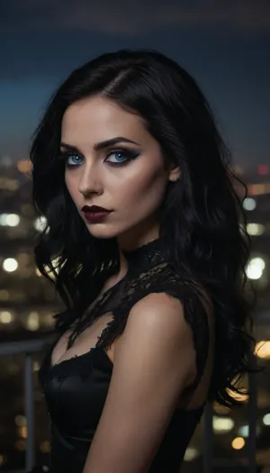 (A stunning portrait featuring a breathtaking goth girl posing on a penthouse balcony overlooking a panoramic city skyline at night), , (long wavy raven black hair cut with stylish textures and vibrant undertones), (sultry expression, confident, intense expression, expressive face), (blue eyes, chiselled cheekbones, strong jawline, defined jawline, elegant neck), (goth makeup, eye shadow, mascara, heavy mascara, winged eyeliner), ZipRealism