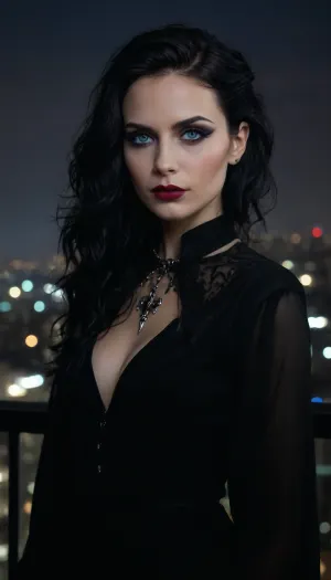 (A stunning portrait featuring a gorgeous goth girl posing on a penthouse balcony overlooking a panoramic city skyline at night), , (long wavy raven black hair cut with stylish textures and vibrant undertones), (sultry expression, confident, intense expression, expressive face), (blue eyes, chiselled cheekbones, strong jawline, defined jawline, elegant neck, goth makeup, eye shadow, mascara, heavy mascara, winged eyeliner), ZipRealism