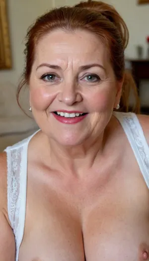 old granny mature, 65 years old granny, auburn hair, ponytail, very chubby face, detailed eyes, in her living room, sweaty body, looking at the camera, (open mouth), smile, red lips, granny, horny sexy face, tiny saggy boobs, no make up, very small saggy boobs, sexy small boobs, long nipples, big aureolas, most sexy mature granny