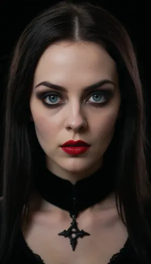 (An intimidating silhouetted portrait of a looming goth woman against a black velvety background:1.4), , (focus on eyes, Kubrick stare, intense expression, unnerving, eerie, inescapable eye contact, straight on view, leaning in:1.5), (long wavy inky black hair cut with stylish textures and chilling undertones), (soulless pale blue eyes, pale creamy porcelain skin, intense eye contact, chiselled cheekbones, strong jawline, defined jawline, elegant neck), (goth makeup, eye shadow, mascara, heavy mascara, winged eyeliner, long eyelashes, immaculate eyebrows, blood red lipstick, wet lip look), (her predatory smirk hints at the deadly fangs hidden beneath her glistening lips), ZipRealism