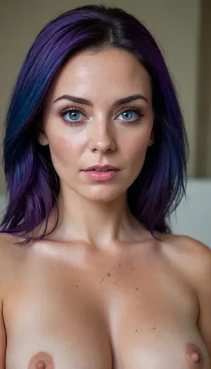1woman, 8k, ultra detailed, nude, milf, attractive, (full body), (long shot), wrinkles, 40 years old, navy blue hair, brightly purple eyes, thick blue pubic hair, picture taken with DSLR camera, realnipples, boobs, large boobs, tits, realhips, Armenian ethnicity, wide jawline, square forehead, straight hair, pretty realeyes, high cheekbones, freckles
