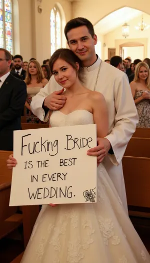 Priest, wearing liturgical robes, standing behind a bride, hugging her, holding a sign Text painted on "Fucking the bride is the best in every wedding" with black marker, wedding church, seductive, public, church full people.