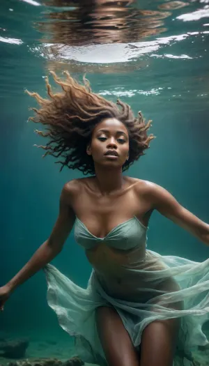 An African Woman, Submerged shipwreck, corroded metal, floating debris, nude model, weightlessly suspended underwater, flowing sheer fabric, hair fanning like a halo, diffused sunlight piercing through water, ethereal glow, Canon EOS R5 in underwater housing, wide lens, mid-aperture, (f/4.0), muted blue-green tones, surreal stillness, human fragility amidst forgotten wreckage.