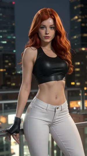 score_9, score_8_up, score_7_up, score_6_up, score_5_up, score_4_up, digital art, realistic, wearing a white cotton tank top, midriff, tight pants, black leather pants, wide hips, standing, cowboy shot, on a balcony at night with city on background, Marvel_Mary_Jane_Watson