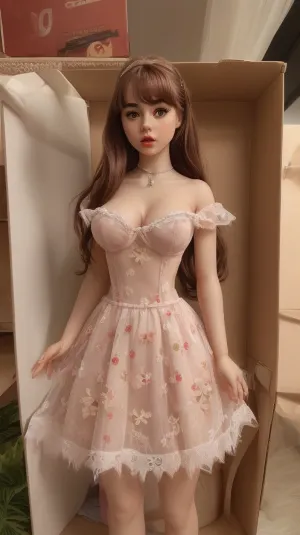 naked, real live doll, two dolls stand, real doll girl 18 years old, standing inside a box, big eyes, big breasts, mouth open, young petite beauty, small stature, erotic big size photo, 18 years