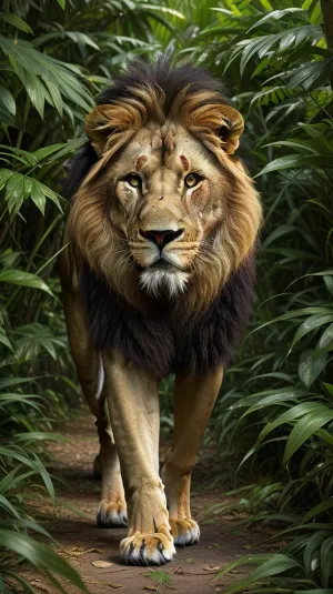 105000000100070.0, 8k, realistic, high-resolution photograph of a lion walking toward the camera, behind leafs, deep jungle, greenery, south american, dark, sharp