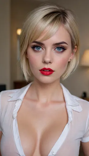 (attractive sexy 20-year-old woman, pixie haircut, blonde hair, bangs, blue eyes, thick eyebrows, thick red lips, black eyeliner, black eyeshadow, blush, slim body, shirt unbuttoned, breasts exposed, nude, surprise, big load of cum on face)