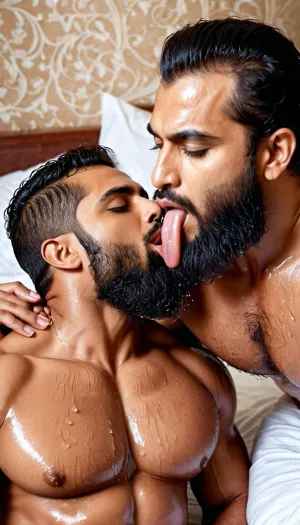 (very ruggedly handsome and muscular Muslim bodybuilder named 'Afzal Khan' sucking the lips of his beautiful girlfriend in Bed at midnight), (Girl clad in wet sheer gown is enjoying the wet kisses), (Handsome and Hot Muslim hunk with very long beard and hairy Chest is passionately kissing a girl), dark and rough Muslim men, 40 year old, Muslim, tall muscled Arab Indian dominant Muslim daddy having hairy armpits and Chest, perfect fingers, oily Sweaty body, small black grey hair slicked back, dilf, Big seductive eyes, Wet body, (rain drops), ultra sharp high definition details, pubic hair, professional photography, sharp focus, 4k high definition, insanely detailed, RAW photo, HDR, hyper-realistic, cinematic lighting, photo realism, (Married Muslim Hunk sucking the lips of a girl passionately with his experienced Mouth), erotic and intimate scene, (Huge bearded Muslim Hunk tightly embracing a gorgeous girl and making passionate love, open mouth wet kiss exchanging spit, saliva dripping from their mouth), (Muslim man wearing round Muslim Mesh prayer cap for Namaz)