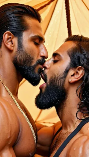 (very ruggedly handsome and muscular Muslim bodybuilder named 'Afzal Khan' seductively kissing his beautiful girlfriend in the secluded tent at midnight, Wet open mouth kiss involving tongue and exchanging saliva), (Girl wears sheer Saree is enjoying the wet kisses), (Handsome and Hot Muslim hunk with very long beard is passionately kissing a girl), dark and rough Muslim men, 40 year old, Muslim, tall muscled Arab Indian dominant Muslim daddy having hairy armpits and Chest, perfect fingers, oily Sweaty body, small black grey hair slicked back, dilf, Big seductive eyes, Wet body, (rain drops), ultra sharp high definition details, pubic hair, professional photography, sharp focus, 4k high definition, insanely detailed, RAW photo, HDR, hyper-realistic, photo realism, (Married Muslim Hunk sucking the lips of a girl passionately with his experienced Mouth), (Huge bearded Muslim Hunk tightly embracing a gorgeous girl and making passionate love)