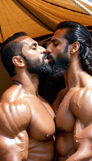 (very ruggedly handsome and muscular Muslim bodybuilder named 'Afzal Khan' seductively kissing his beautiful girlfriend in the secluded tent at midnight, Wet open mouth kiss involving tongue and exchanging saliva), (Girl wears sheer Saree is enjoying the wet kisses), (Handsome and Hot Muslim hunk with very long beard is passionately kissing a girl), dark and rough Muslim men, 40 year old, Muslim, tall muscled Arab Indian dominant Muslim daddy having hairy armpits and Chest, perfect fingers, oily Sweaty body, small black grey hair slicked back, dilf, Big seductive eyes, Wet body, (rain drops), ultra sharp high definition details, pubic hair, professional photography, sharp focus, 4k high definition, insanely detailed, RAW photo, HDR, hyper-realistic, photo realism, (Married Muslim Hunk sucking the lips of a girl passionately with his experienced Mouth), (Huge bearded Muslim Hunk tightly embracing a gorgeous girl and making passionate love)
