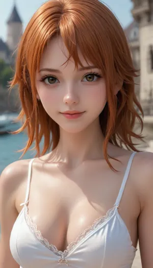 solo, breasts, nami_, (one_piece), smile, large_breasts, orange_hair, (wearing fish to cover her body), <lora:SquattingAnal:.5>