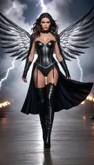 A naked Model, Dark, thunderous runway with flashes of lightning, black leather corset studded with silver accents, flowing cape mimicking storm clouds, angular metallic wings sparking with LED lightning bolts, knee-high black boots, smokey eye makeup, windblown hair, Canon EOS R3, low aperture, (f/2.0), fierce power, electrifying sensuality, bold and commanding presence.