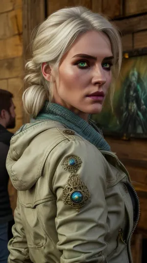 ciriW3_soul3142, 1girl, green eyes, white hair, scar across eye, hair bun, jacket, jeans, science fiction, fantasy, dark, looking to the side, masterpiece, best quality, intricate details, <lora:ciriW3-08b:.6>, <lora:detail_slider_v4:.7>