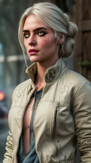 ciriW3_soul3142, 1girl, green eyes, white hair, scar across eye, hair bun, jacket, jeans, science fiction, fantasy, dark, looking to the side, masterpiece, best quality, intricate details, <lora:ciriW3-08b:.6>, <lora:detail_slider_v4:.7>