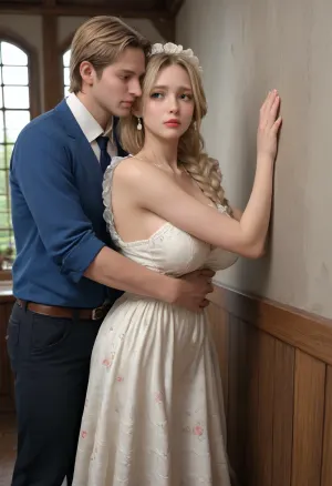 ((An insanely hot very busty innocent-looking blonde housewife standing against the wall in a cottage kitchen)), ((enormous huge gigantic boobs)), blonde braided hair, pearl earrings, ((extremely skinny)), very tight floral dress, cleavage, ((a man is groping one of her boobs)), ((extremely sad facial expression))