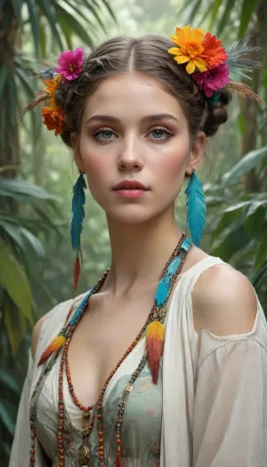 beautiful woman wearing fantastic hand-dyed cotton clothes, embellished beaded feather decorative fringe knots, colorful pigtail, subtropical flowers and plants, symmetrical face, intricate, elegant, highly detailed, 8k, digital painting, trending on pinterest, harperâs bazaar, concept, art, sharp focus, illustration, Tom Bagshaw, Lawrence Alma-Tadema, Alphonse Mucha, <lora:ac_neg1:.5>