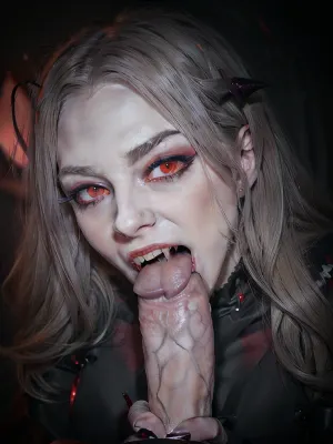 hyper detailed hyper realistic natural petite cutie, 18 years old beautiful vampire queen, (very slim), nightclub, very detailed face, pale woman with white hair, Vampire Queen sucks penis, close up, red eyes, (((very long vampiric fangs))), luxurious tiara in the style of dark fantasy, symmetrical epic fantasy art, dark fantasy, purple lights, neon, colorful, high detail, impeccable image quality, ultrarealism, cockbiting, bitingshaft, vampirebiting, 1girl, penis, hetero, 1boy, fellatio, oral, solo, focus, pov, fangs, <lora:bjwithteethv4-10:.8>, <lora:MS_Real_POV_Blowjob:.5>, <lora:fangs:.5>