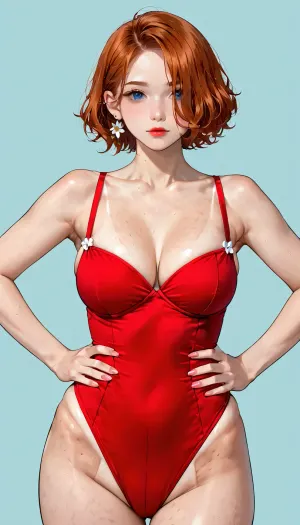 (Redhead, Giant ass, pixie haircut), perfect body, very detailed face, (teardrops detailed breast), (hands on hips:1.5), (simple background), (thick lines anime illustration style:2), 4ng3l, face, <lora:SDXL_BetterFaces-LoRA_v1:1.3>