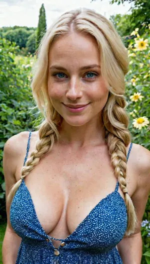 Woman, 29 years old, blond platine hair, long braided hair, perfect blue eyes, smile, seductive face, freckless, sundress, cleavage, pronounced neckline, (big natural tits), (very saggy tits), in the garden