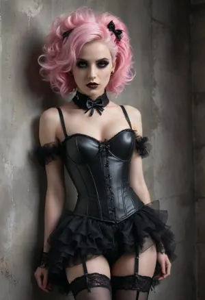 (masterpiece, best quality, highly detailed, photorealistic), fashion magazine portrait of of a stunning goth woman, standing with a slight lean against a textured concrete wall, delicate shoulders bare emphasizing elegant neck, wearing strict black leather corset and a voluminous tulle skirt, exposing garter with white bow, thigh-high black fishnet stockings, her arms are lifted in front of her, fashion pose, looking at the camera, ornate cotton candy pink hair, bold goth inspired makeup, direct sensual gaze, harsh uplighting casting shadows on the background, studio lighting, medium shot, depth of field, (fashion photo, glamor photo:1.3), ZipRealism, <lora:xl_more_art-full_v1:.8>, <lora:sunnyrayyxo_v1_SDXLBase:.4>