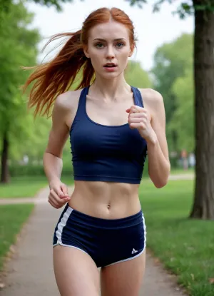 sexy 18 years old russian girl, juicy lips, long straight red hair updo, jogging, running, park, thin clothing, bouncing boobs, shorts, thin top, front view, cameltoe, sweating, tired