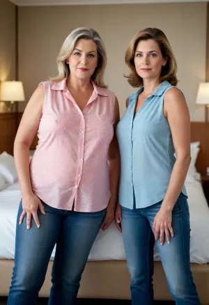 Two women, xxl size Two 65 year old fat saggy cellulite women wearing sleeveless cotton blouse and jeans in modern hotel room, looking at viewer, fully dressed, depth of field