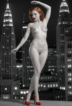 Black and white Art deco style cityscape, gorgeous 22yo naked redhead woman dancing in red high heels and red lipstick, slim build, large perky breasts, fingering, pussy, <lora:2FingersSDXL_v03:.5>