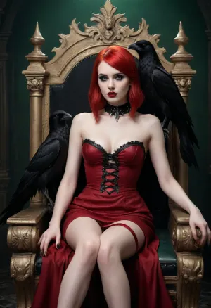 Girl, 25yo, game character, girl sitting on throne, (crow sitting on top of the throne), throne made with bones, black sharp thiara on her head, vampire, long bob haircut, shiny red hair, very pale skin, latex dress, (black), red lipstick, gothic makeup, green eyes, fluffy silver fur collar, legs, feet, dark light
