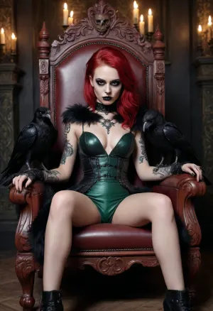 Girl, 25yo, game character, girl sitting on throne, ((crow sitting on top of the throne), (black tattoo on face), (skull near her feet)), throne made with bones, vampire, long bob haircut, shiny red hair, very pale skin, latex dress, (black), black lipstick, gothic makeup, green eyes, fluffy silver fur collar, legs, feet, dark light