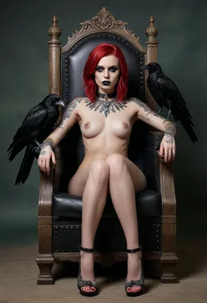 Girl, 25yo, game character, girl sitting on throne, ((crow sitting on top of the throne), (black tattoo on face), (skull near her feet)), throne made with bones, vampire, long bob haircut, shiny red hair, very pale skin, topless, naked tits, nude boobs, breasts, black lipstick, gothic makeup, green eyes, fluffy silver fur collar, legs, feet, dark light