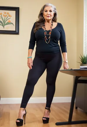 old granny mature 75 years old, brunette, long hair, tan skin, glamour, very chubby, curvy chubby, beautiful big black eyes, neck lace, huge hoop earrings, necklace, bracelet, naught serious face, medium saggy tits, long legs, tall, high heels, full body view, very thick legs, yoga pants, tight pants, stand up, super long legs, sexy feet, high heels mule, focus on feet and legs, extremely thick long legs, thick legs, at the office