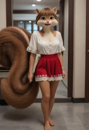 (Anthro squirrel furry body, squirrel FEMALE antro furry, squirrel furry full body, fur body, antro squirrel face, squirrel teeth)