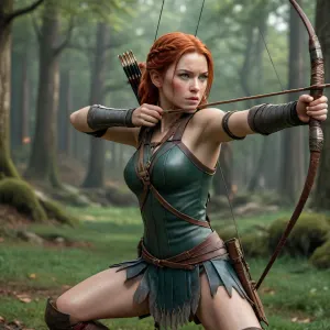3D realistic, Red-haired girl of short stature hairstyle with two long braids, archer, in the armor of an archer, crouching, in her left hand holds a bow at arm's length, in her right hand holds an arrow by the plumage of an arrow, pulls the bowstring with an arrow, shoots from a Japanese Yumi bow, stands tall, high detail, high resolution, beautiful foreshortening, photorealism