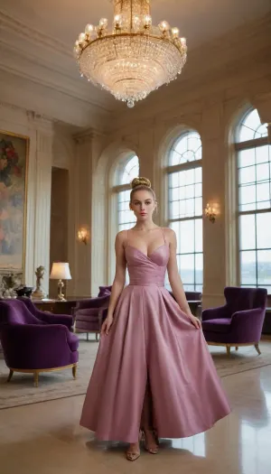 1girl 20 year old, ((british, european, caucasian)), perfect body, ((perfect face)), (view, model view, (standing)), (C breasts:1.3), blonde hair, ((two hair buns)), deep violet eyes, (dynamic poses:1.2), ((haute couture dress, louis vuitton dress dior dress, covering dress, flowing dress)), ((rich lobby, modern architectural chairs, mies van der rohe architecture)), indoors, window, book shelf, chandelier, decorations, studio, key, light, fill, rim, back, Dramatic, lighting